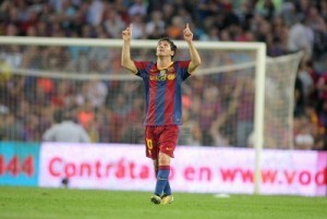 Leo Messi of Barcelona celebrates goal during spanish league match.