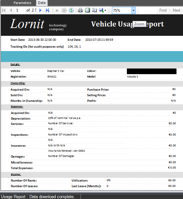 Lornit.Tracking & Lornit.FMS: Vehicle Usage Report